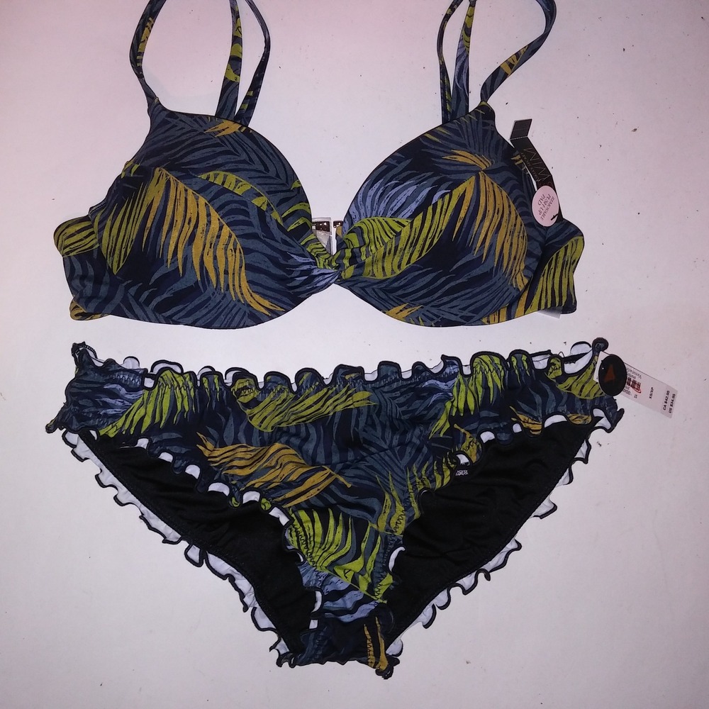 Victoria Secret Swim Bikini Top 32B Top XS Bottom Black Green Tropical Push Up